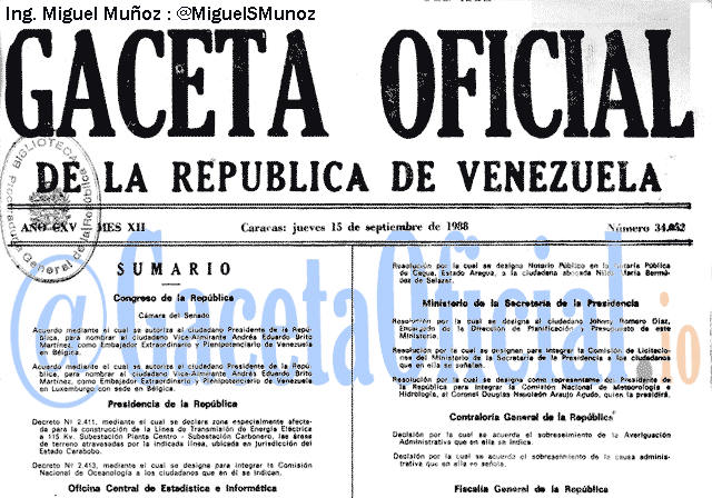 Gaceta Oficial 34052 del 15 Septiembre 1988