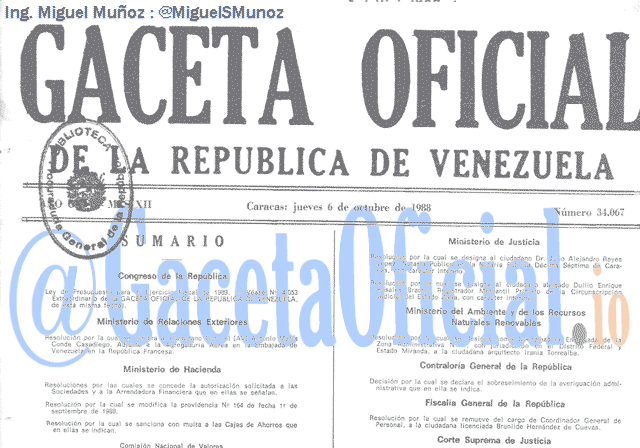 Gaceta Oficial 34067 del 6 Octubre 1988