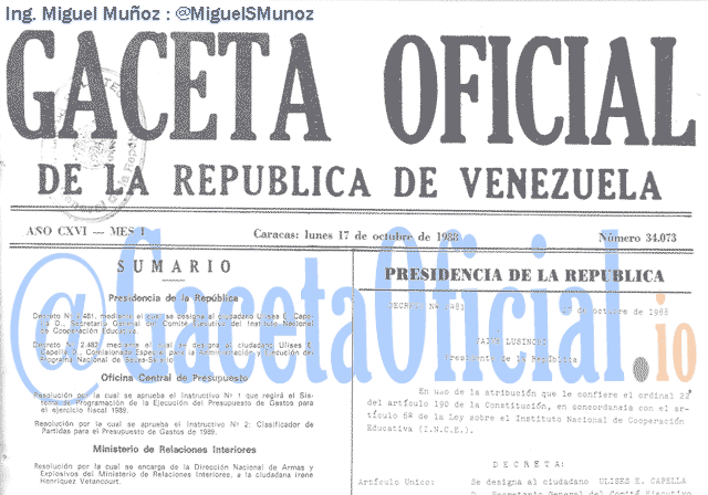 Gaceta Oficial 34073 del 17 Octubre 1988