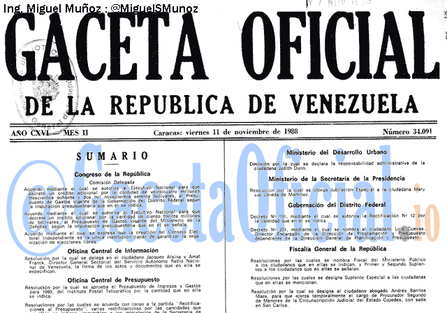 Gaceta Oficial 34091 del 11 Noviembre 1988
