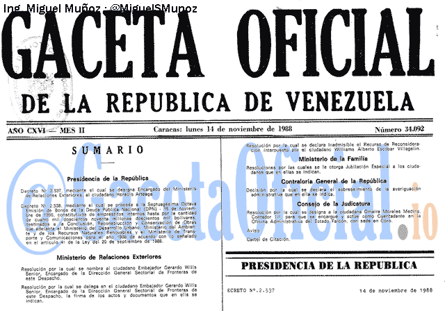 Gaceta Oficial 34092 del 14 Noviembre 1988