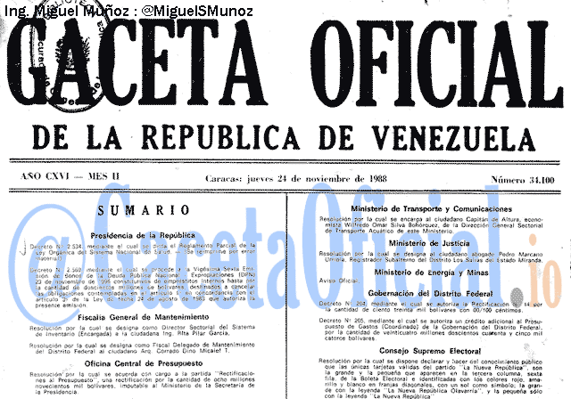 Gaceta Oficial 34100 del 24 Noviembre 1988
