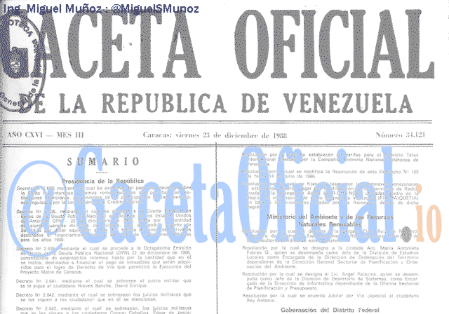 Gaceta Oficial 34121 del 23 Diciembre 1988