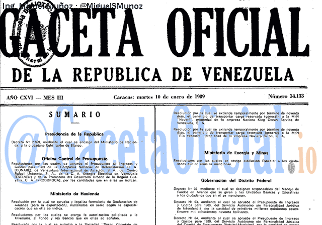 Gaceta Oficial 34133 del 10 Enero 1989