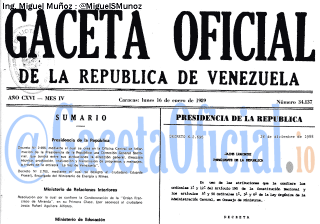 Gaceta Oficial 34137 del 16 Enero 1989
