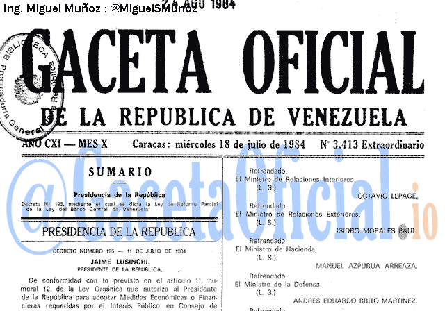 Gaceta Oficial 3413 del 18 Julio 1984