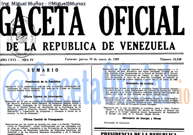 Gaceta Oficial 34140 del 19 Enero 1989