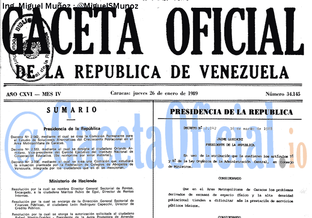 Gaceta Oficial 34145 del 26 Enero 1989