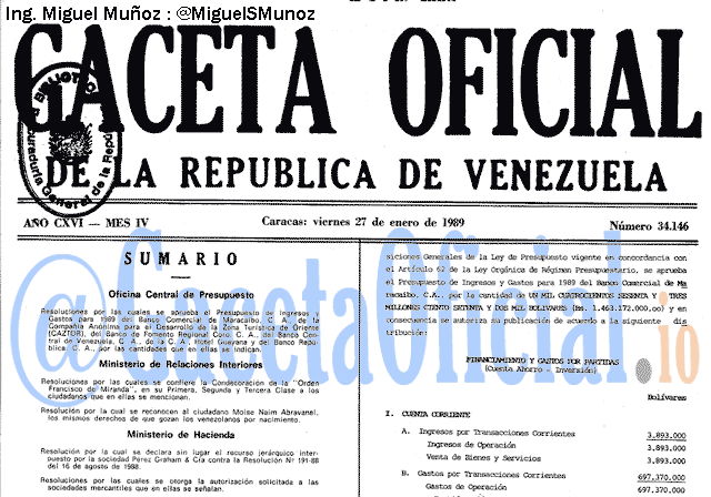 Gaceta Oficial 34146 del 27 Enero 1989