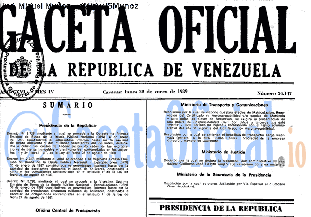 Gaceta Oficial 34147 del 30 Enero 1989