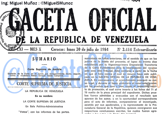 Gaceta Oficial 3414 del 30 Julio 1984