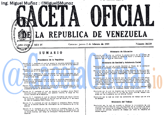 Gaceta Oficial 34150 del 2 Febrero 1989