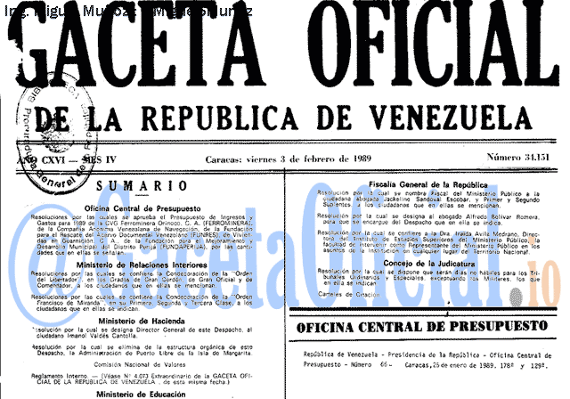 Gaceta Oficial 34151 del 3 Febrero 1989
