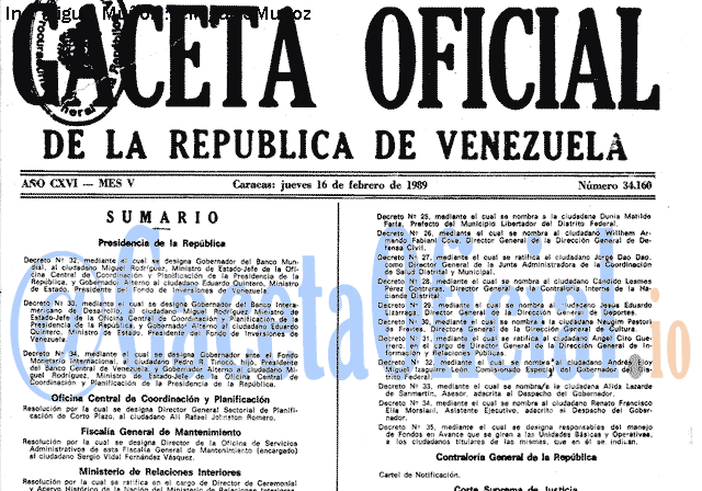 Gaceta Oficial 34160 del 16 Febrero 1989