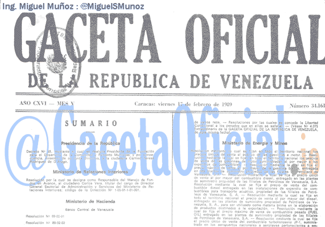 Gaceta Oficial 34161 del 17 Febrero 1989