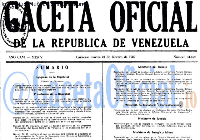 Gaceta Oficial 34163 del 21 Febrero 1989