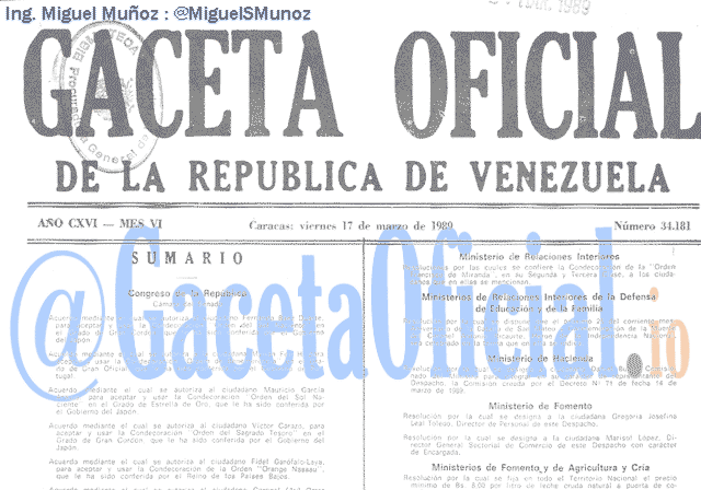 Gaceta Oficial 34181 del 17 Marzo 1989