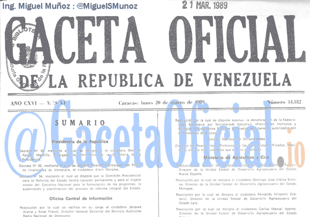Gaceta Oficial 34182 del 20 Marzo 1989