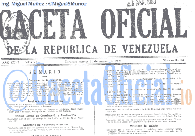 Gaceta Oficial 34183 del 21 Marzo 1989