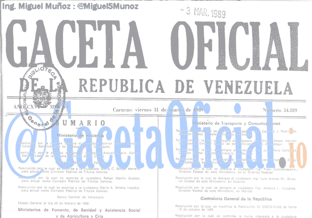 Gaceta Oficial 34189 del 31 Marzo 1989