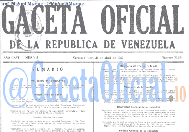 Gaceta Oficial 34204 del 24 Abril 1989