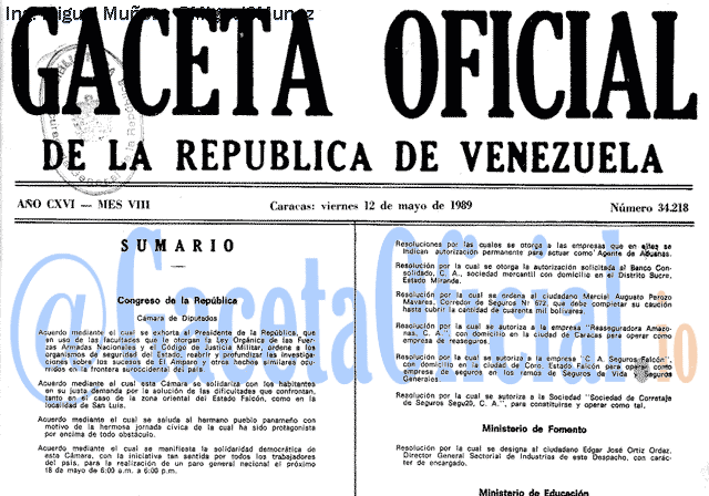 Gaceta Oficial 34218 del 12 Mayo 1989