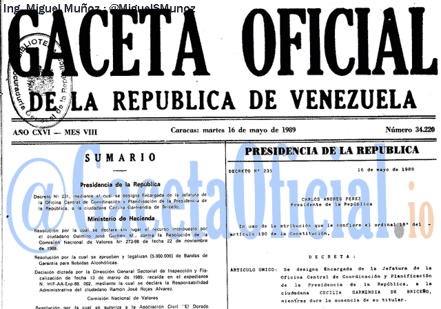 Gaceta Oficial 34220 del 16 Mayo 1989