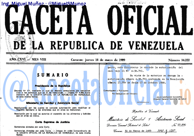 Gaceta Oficial 34222 del 18 Mayo 1989