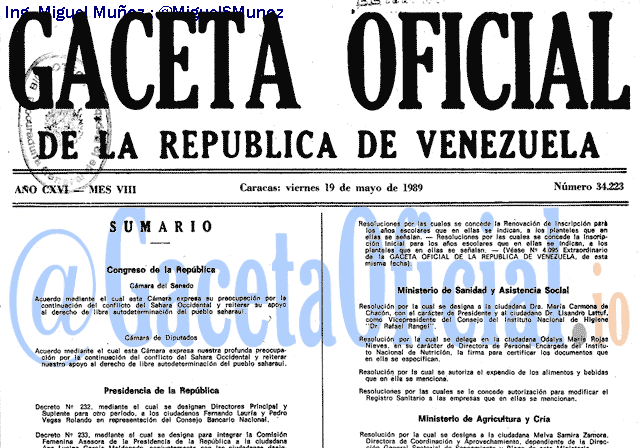 Gaceta Oficial 34223 del 19 Mayo 1989