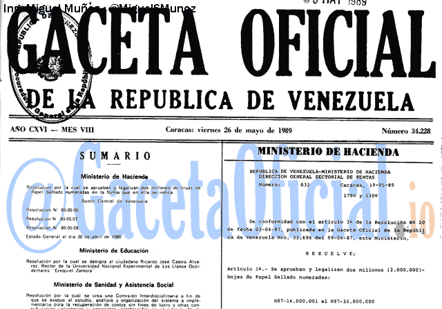 Gaceta Oficial 34228 del 26 Mayo 1989