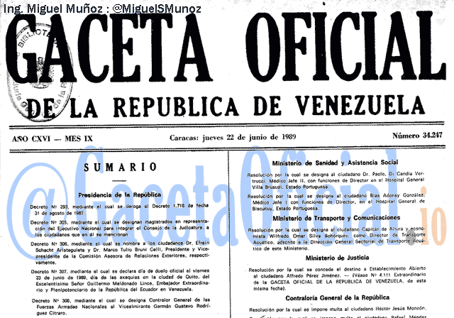 Gaceta Oficial 34247 del 22 Junio 1989