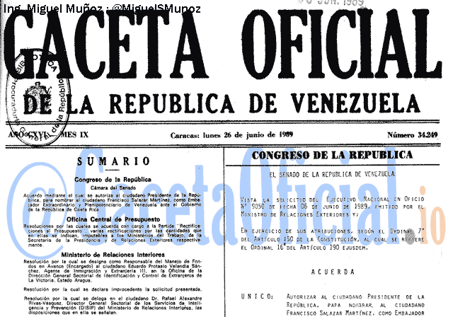 Gaceta Oficial 34249 del 26 Junio 1989