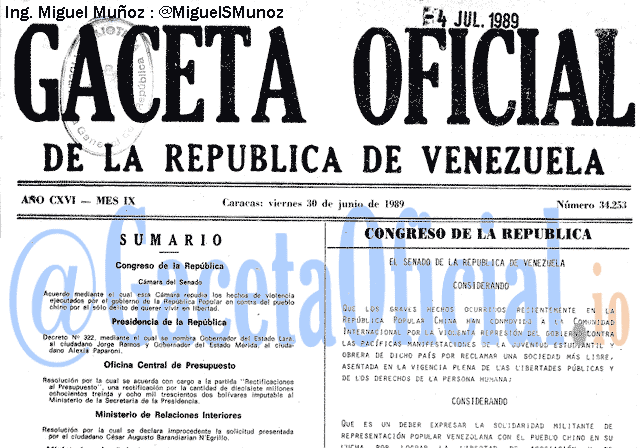 Gaceta Oficial 34253 del 30 Junio 1989
