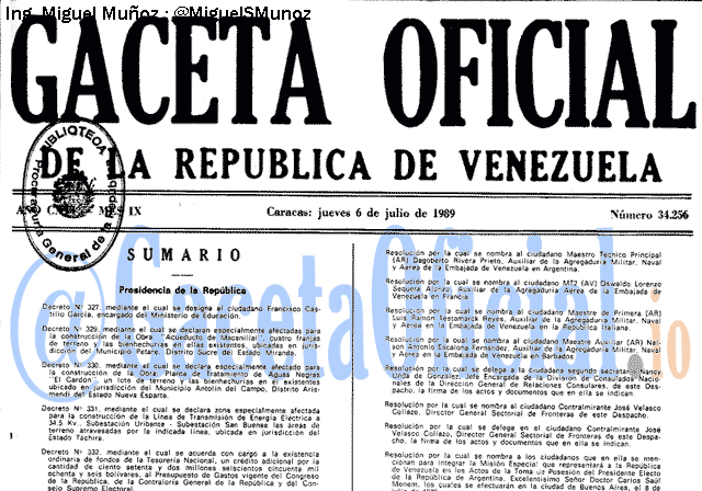 Gaceta Oficial 34256 del 6 Julio 1989