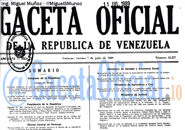 Gaceta Oficial 34257 del 7 Julio 1989