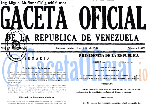 Gaceta Oficial 34259 del 11 Julio 1989