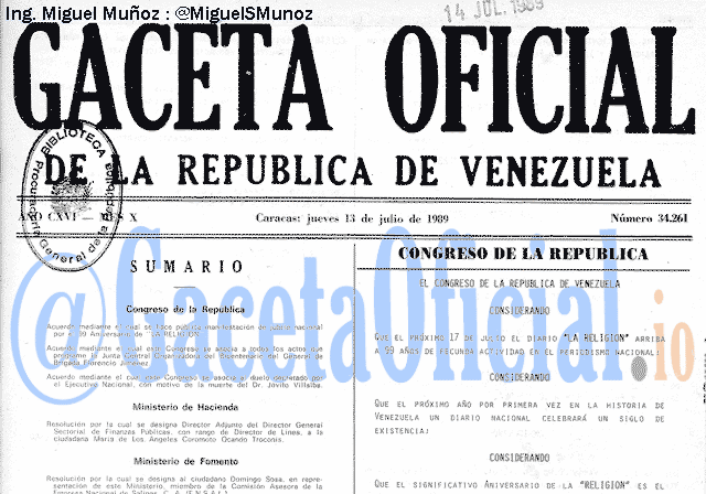 Gaceta Oficial 34261 del 13 Julio 1989