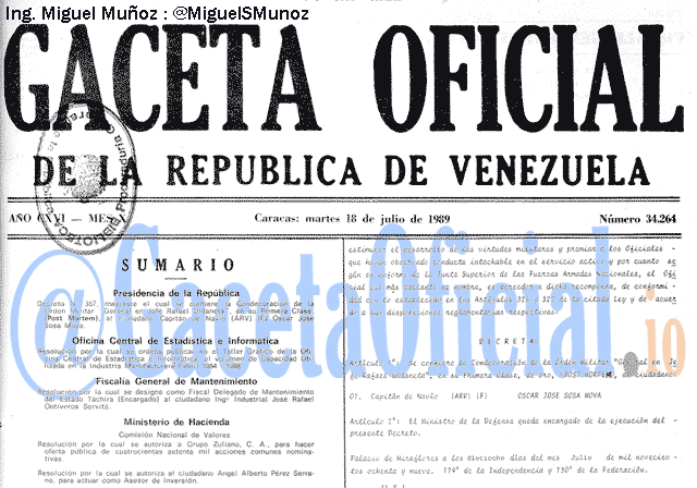 Gaceta Oficial 34264 del 18 Julio 1989