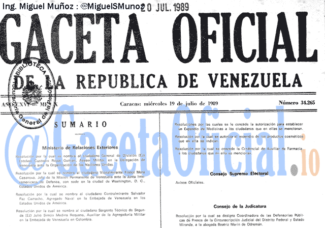 Gaceta Oficial 34265 del 19 Julio 1989