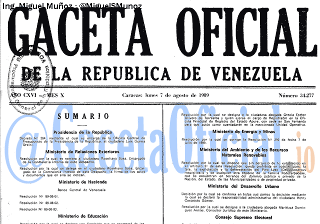 Gaceta Oficial 34277 del 7 Agosto 1989