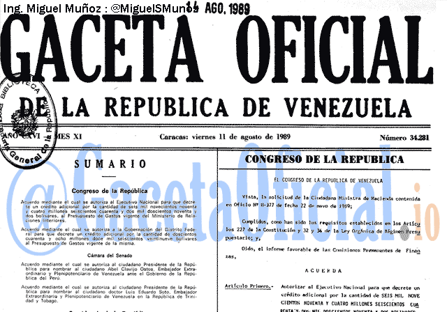 Gaceta Oficial 34281 del 11 Agosto 1989