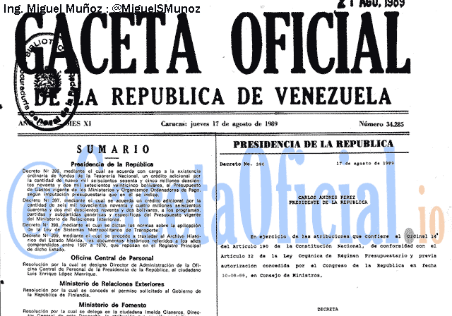 Gaceta Oficial 34285 del 17 Agosto 1989