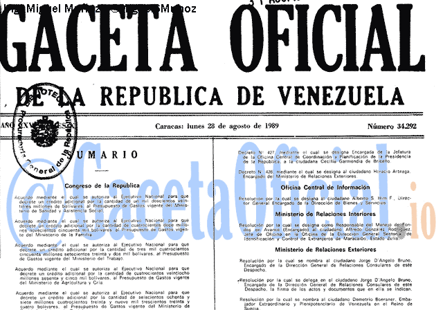 Gaceta Oficial 34292 del 28 Agosto 1989