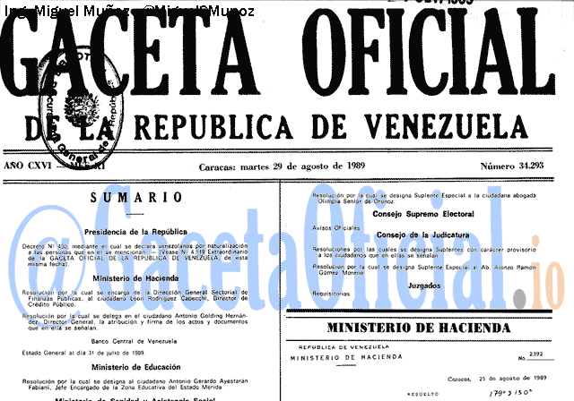 Gaceta Oficial 34293 del 29 Agosto 1989