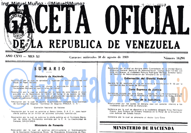Gaceta Oficial 34294 del 30 Agosto 1989