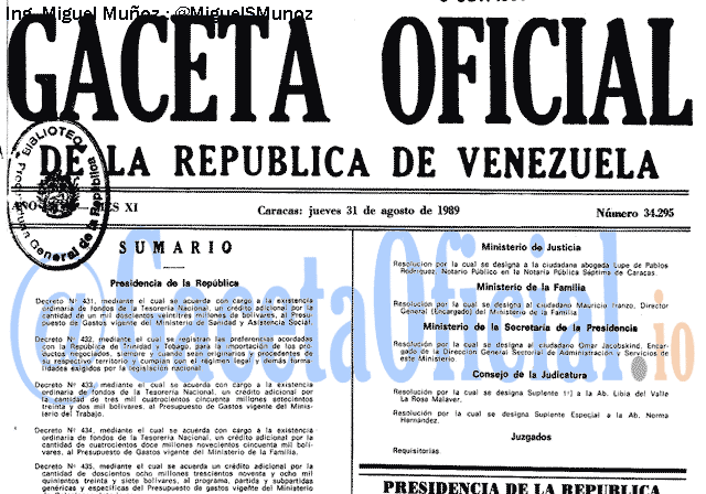 Gaceta Oficial 34295 del 31 Agosto 1989