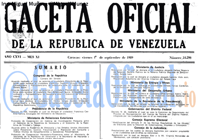Gaceta Oficial 34296 del 1 Septiembre 1989