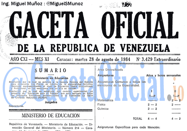 Gaceta Oficial 3429 del 28 Agosto 1984