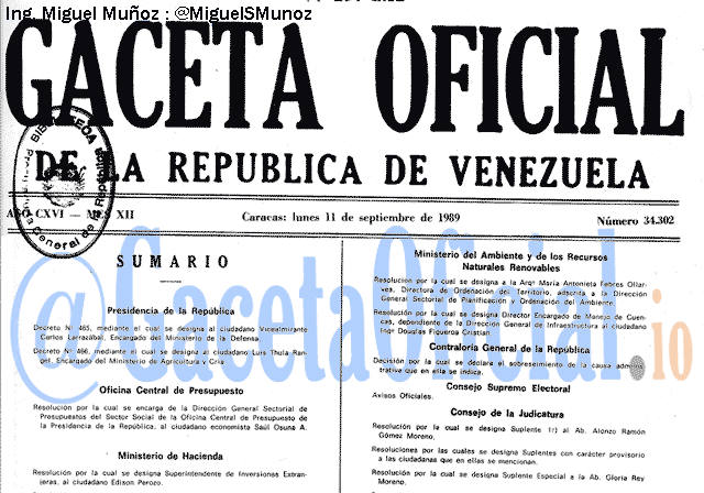 Gaceta Oficial 34302 del 11 Septiembre 1989