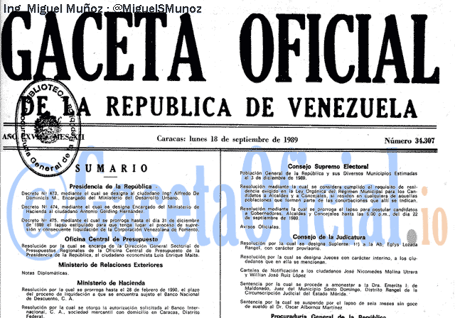 Gaceta Oficial 34307 del 18 Septiembre 1989